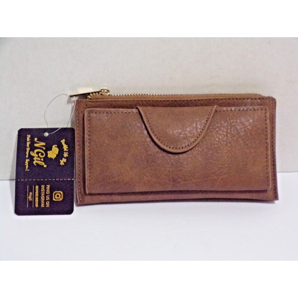 NGil Brown Faux Leather Women's Wristlet Sleek Wallet Gold Tone Trim & Zipper‎